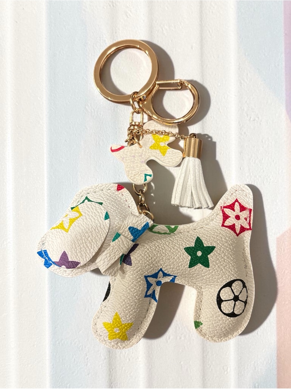 White Multicolor Dog Charm Keychain / Bag Charm with Tassel